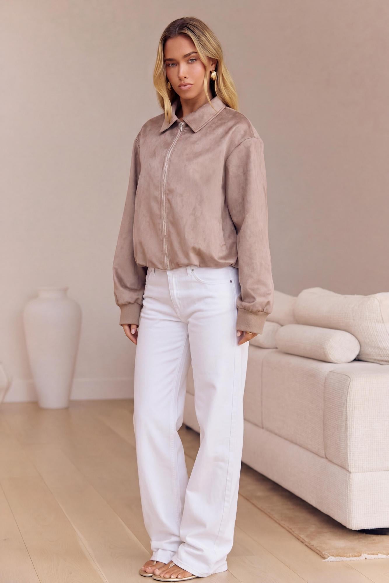 Asaka Faux Suede Bomber Jacket Taupe