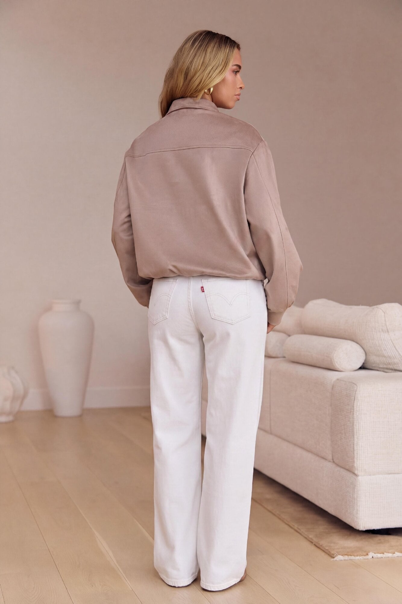 Asaka Faux Suede Bomber Jacket Taupe