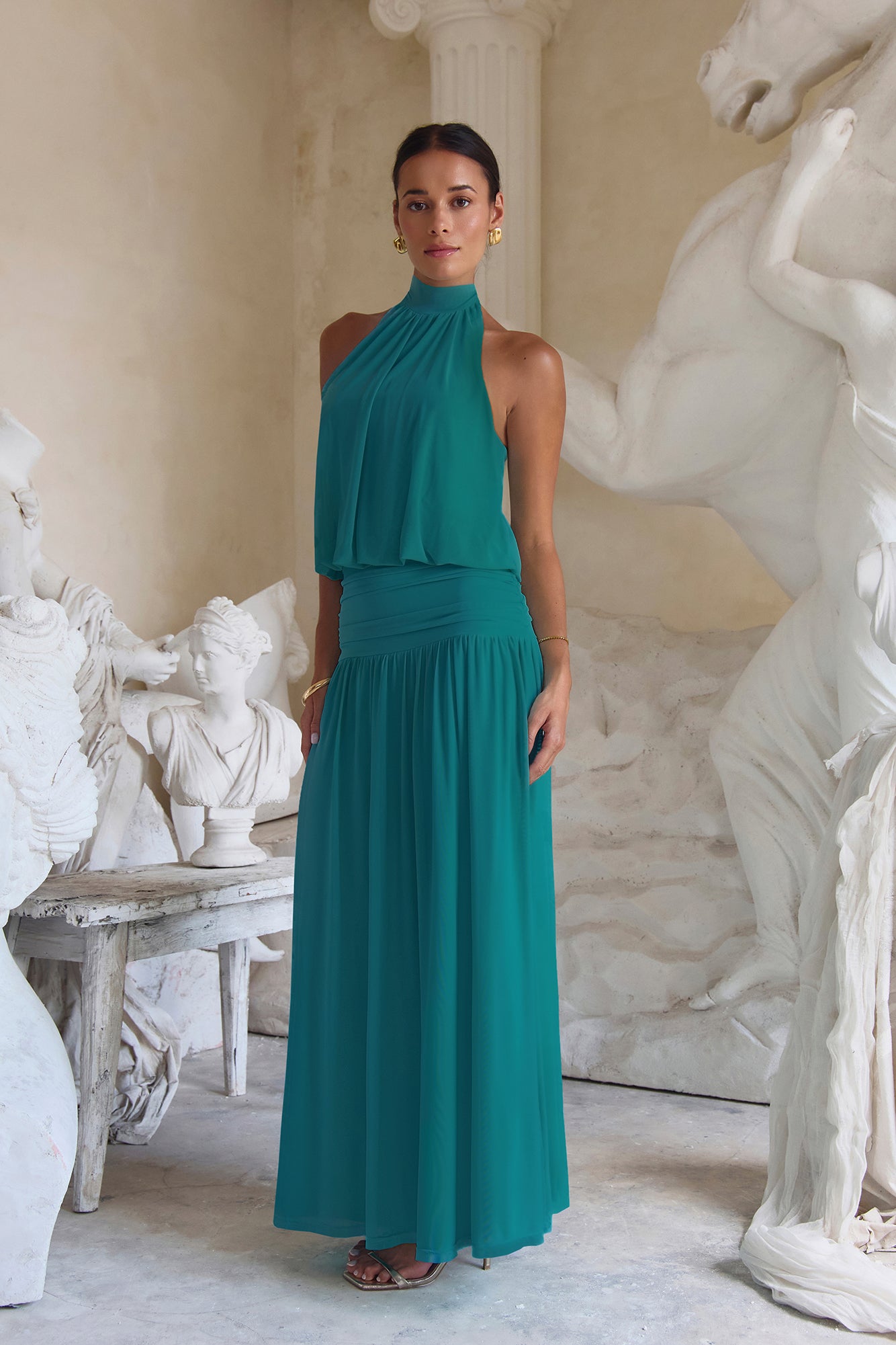 Camellia Mesh Halter Maxi Dress Teal