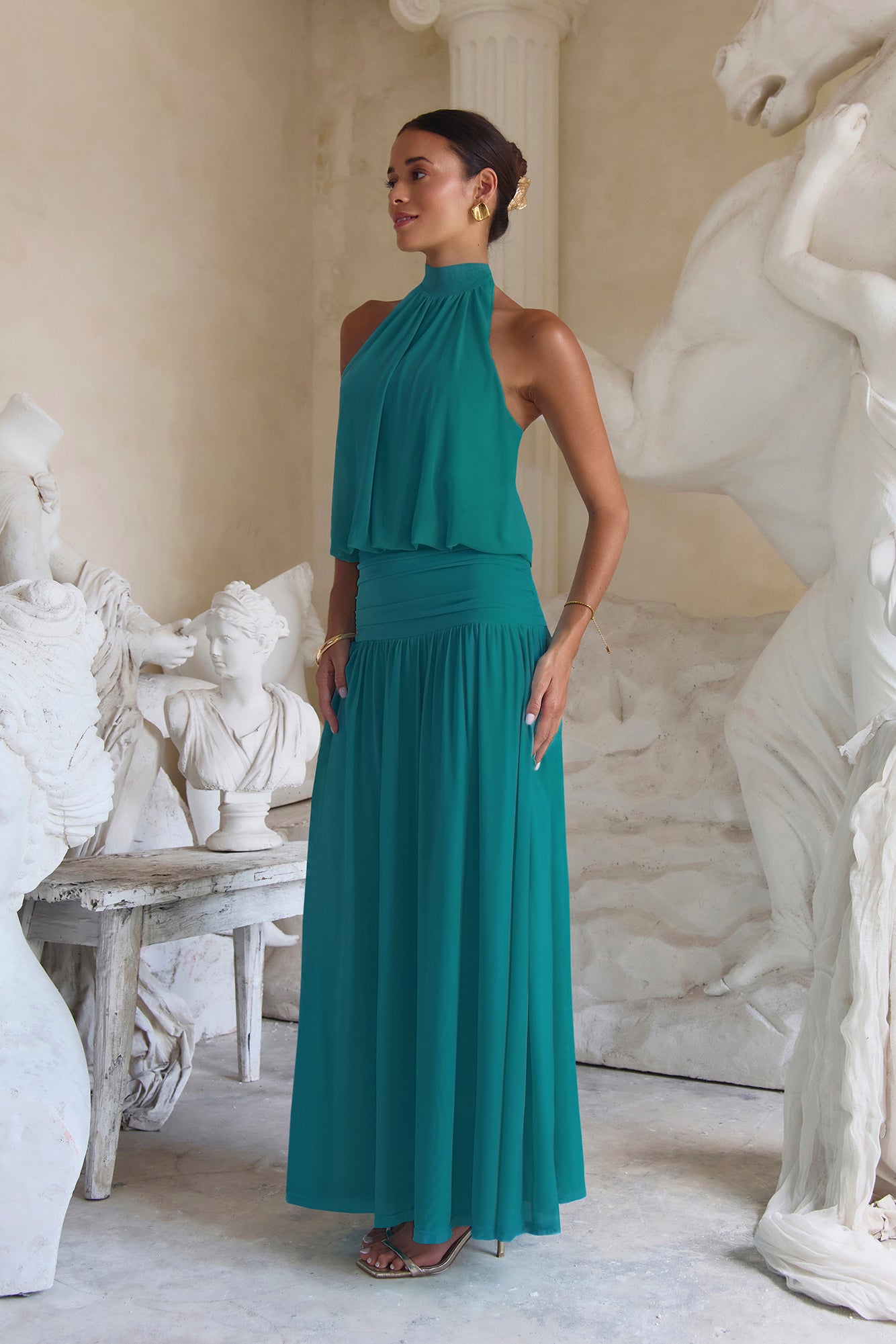 Camellia Mesh Halter Maxi Dress Teal