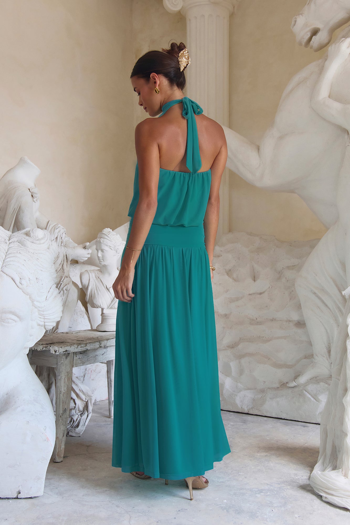 Camellia Mesh Halter Maxi Dress Teal