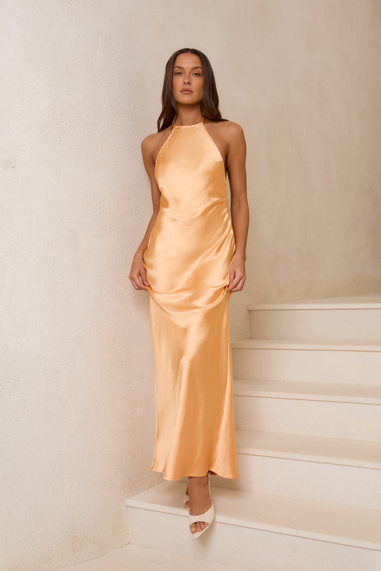 Take The Picture Satin Halter Maxi Dress Orange
