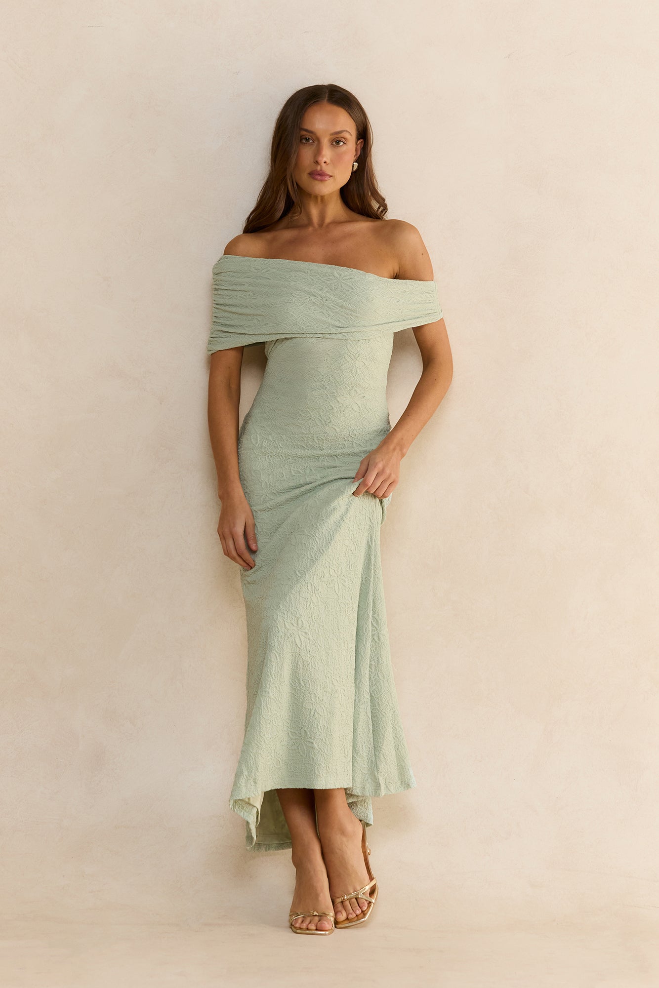 Sea And Selfies Off Shoulder Maxi Dress Sage