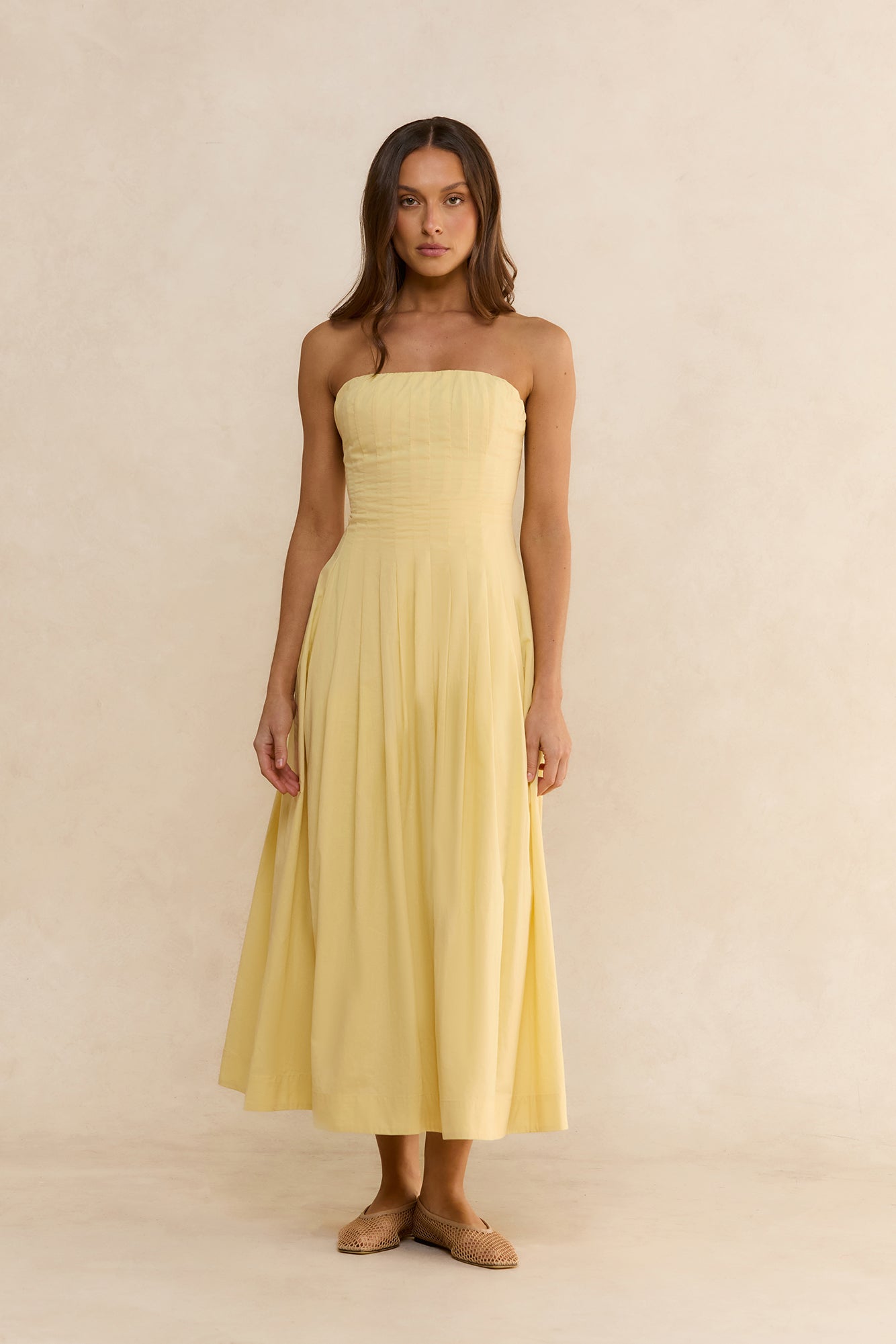 Sunshine Serenity Strapless Midi Dress Yellow