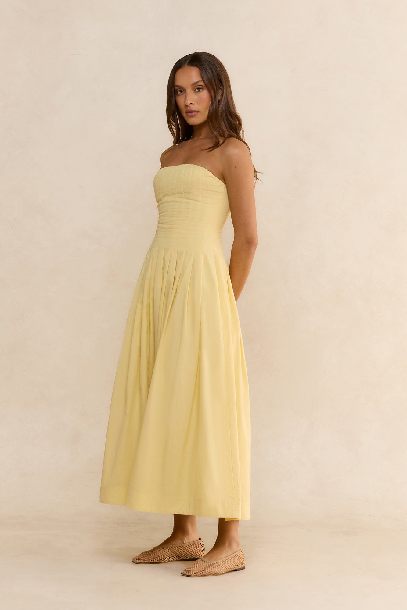 Sunshine Serenity Strapless Midi Dress Yellow