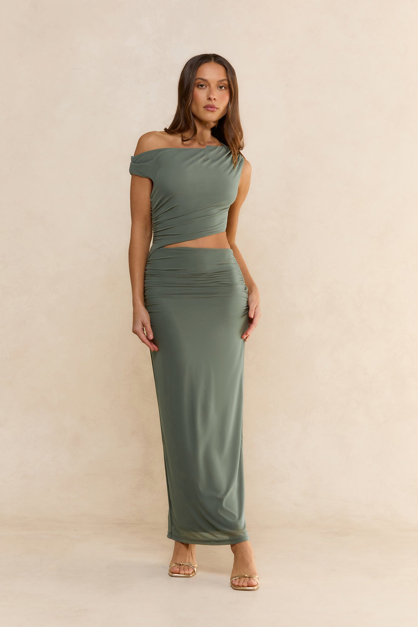 Midnight Musings Off Shoulder Maxi Dress Olive