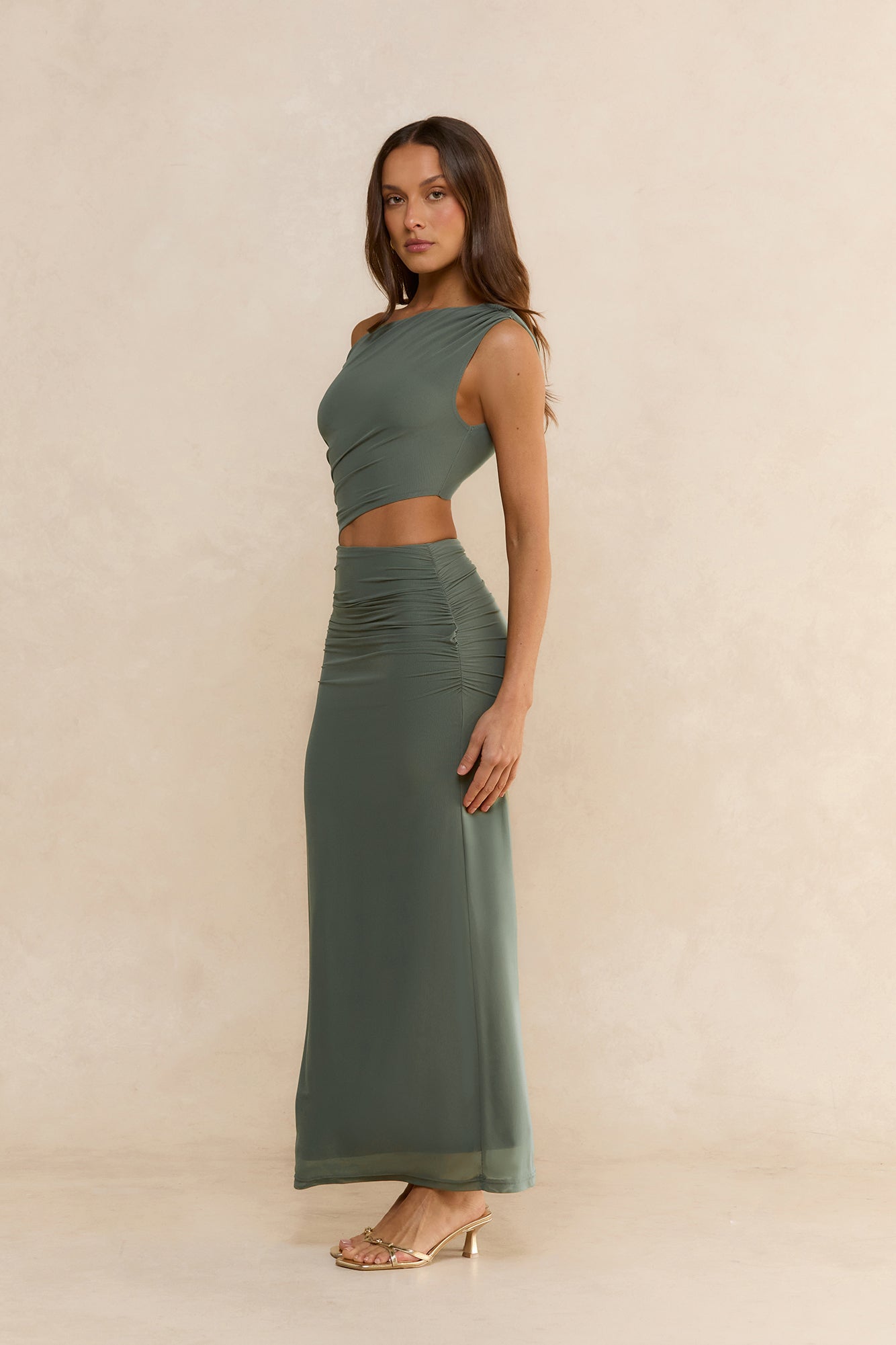 Midnight Musings Off Shoulder Maxi Dress Olive