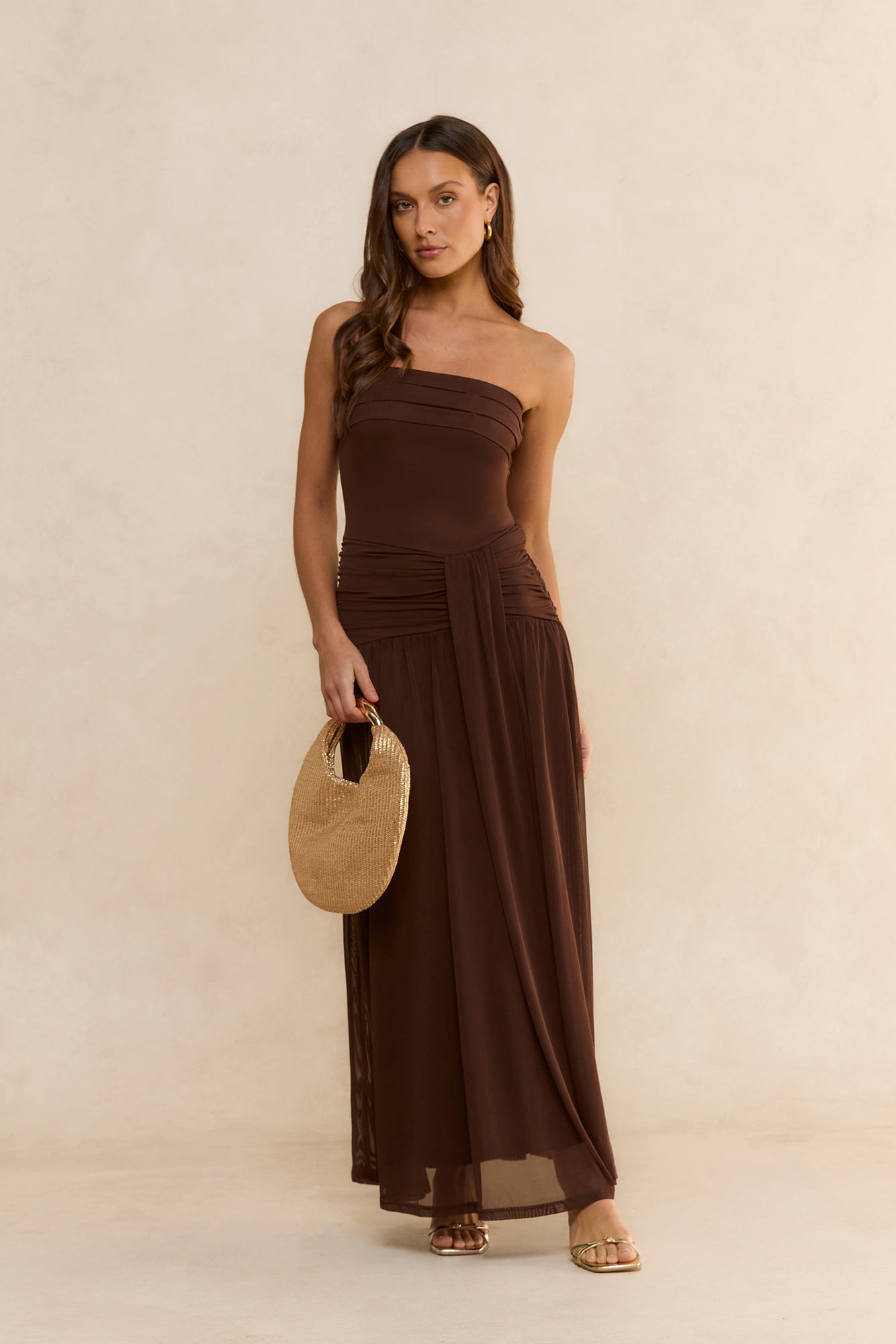 Desert Sands Strapless Mesh Maxi Dress Brown