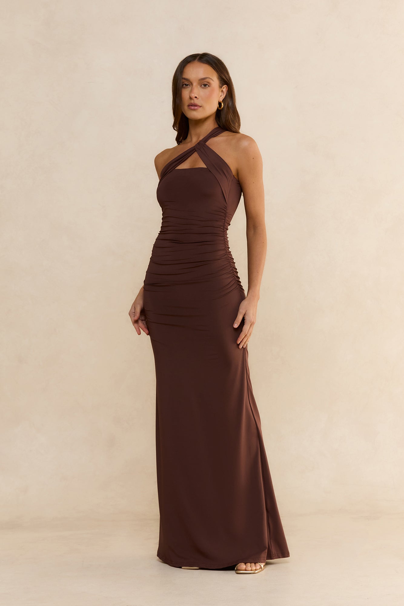 Sultry Silhouette Cross-Front Maxi Dress Chocolate