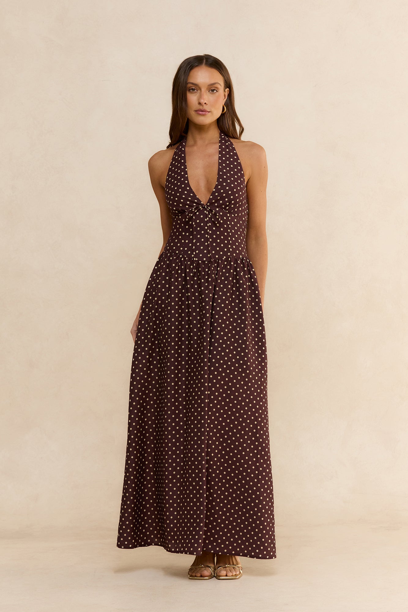 Arrietty Polka Dot Halter Maxi Dress Brown