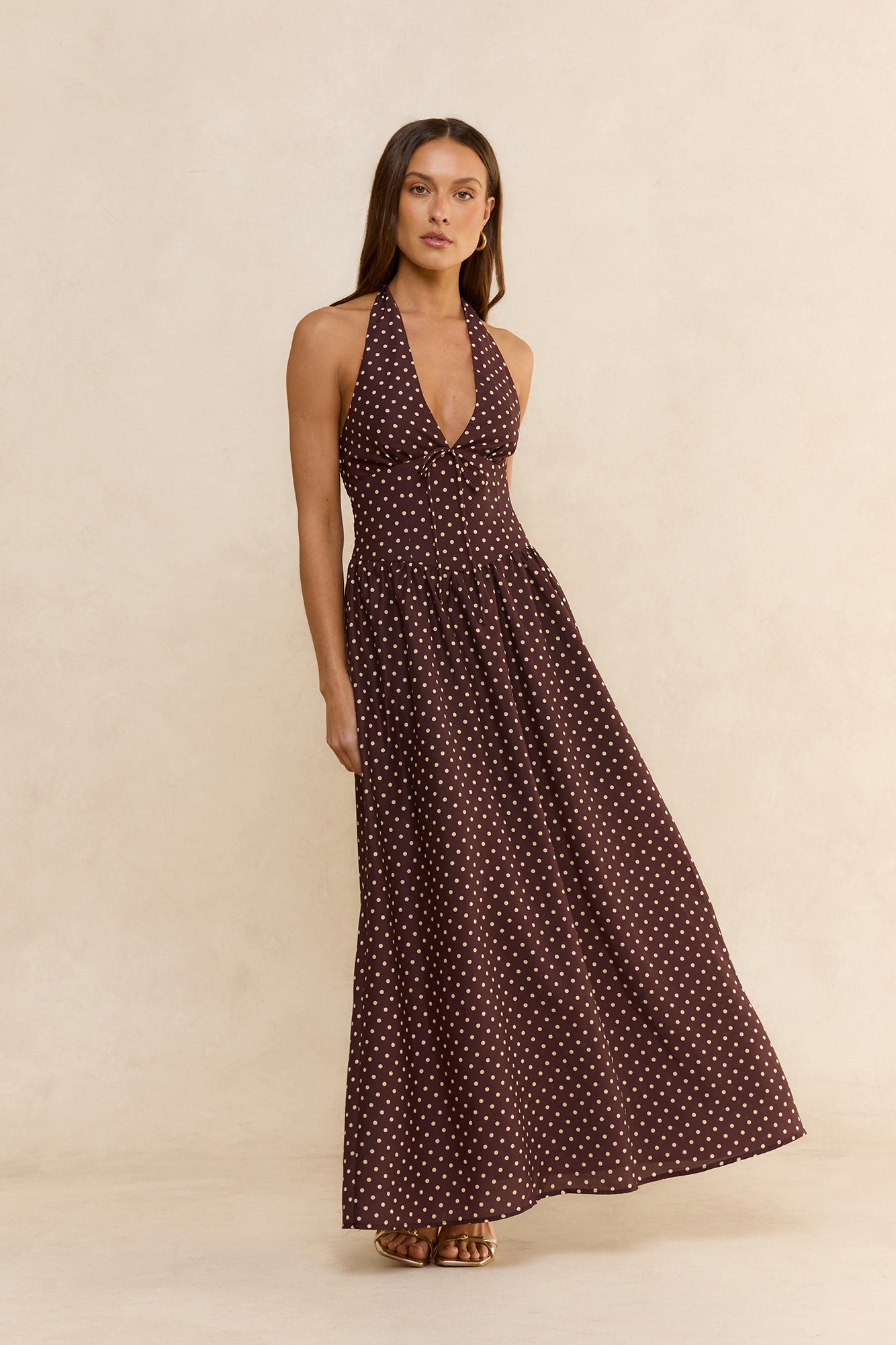 Arrietty Polka Dot Halter Maxi Dress Brown