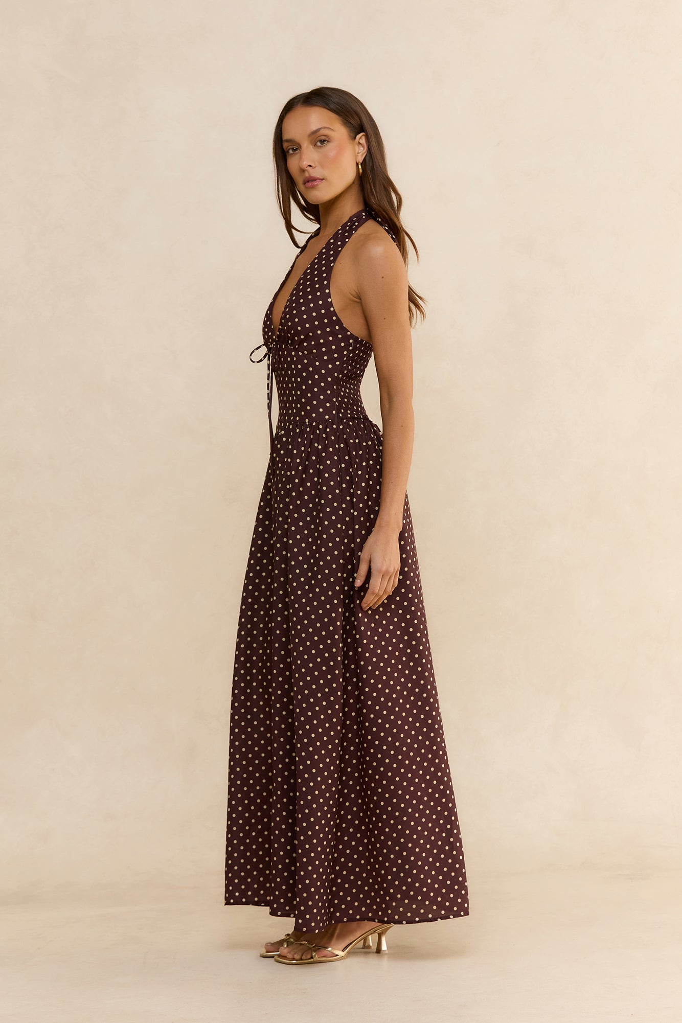 Arrietty Polka Dot Halter Maxi Dress Brown