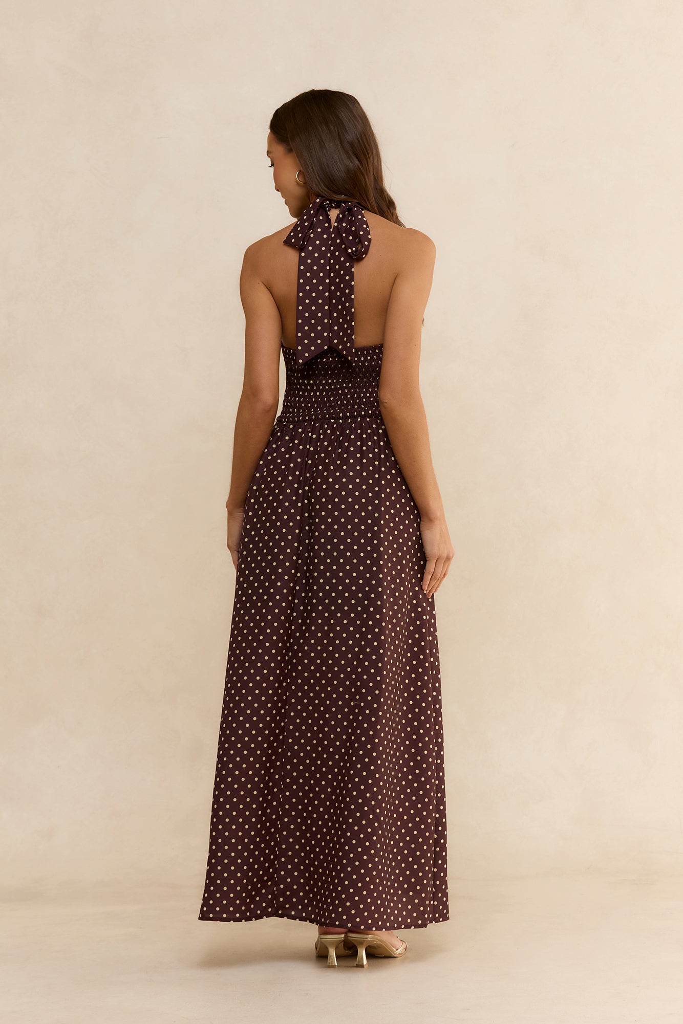 Arrietty Polka Dot Halter Maxi Dress Brown