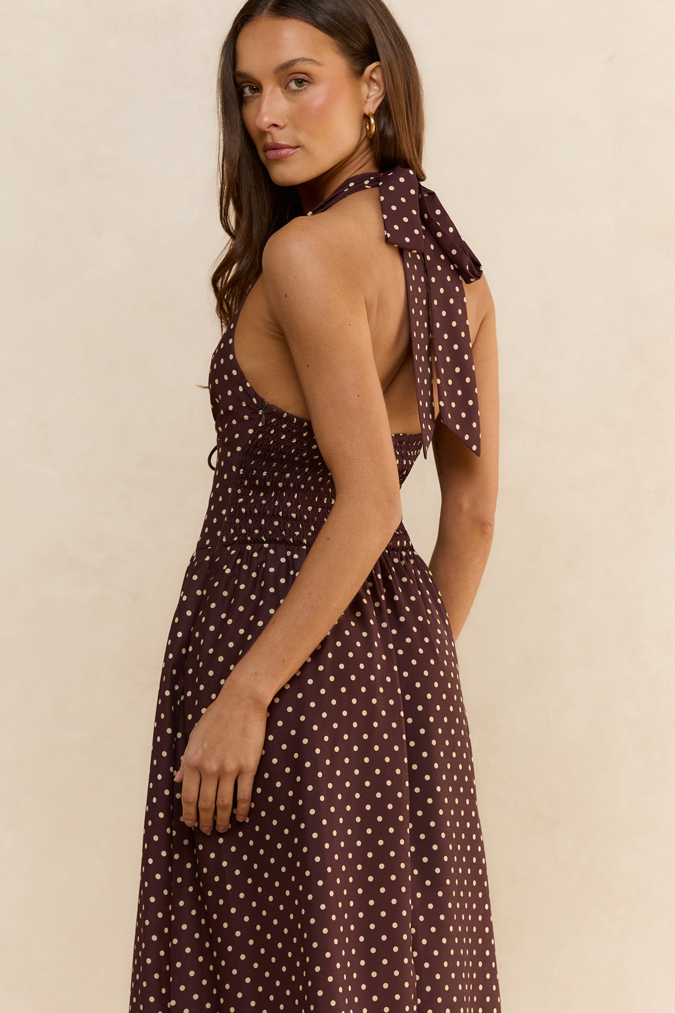 Arrietty Polka Dot Halter Maxi Dress Brown