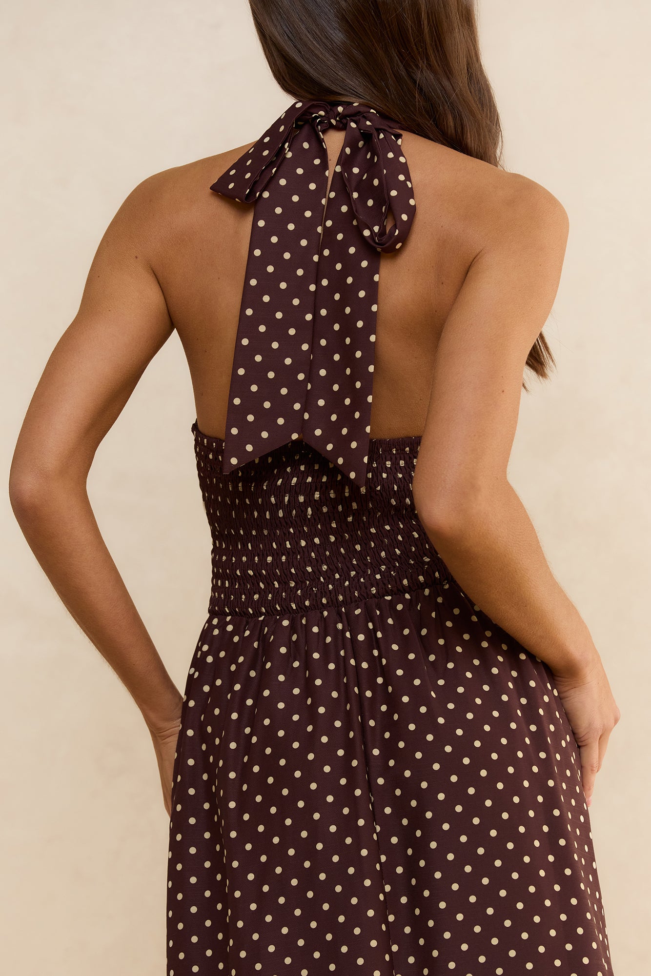 Arrietty Polka Dot Halter Maxi Dress Brown