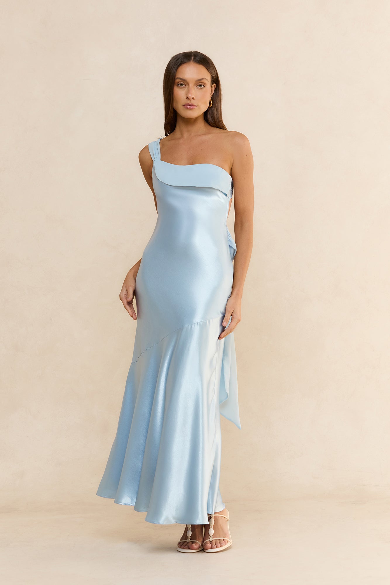 Soleil One Shoulder Satin Maxi Dress Blue