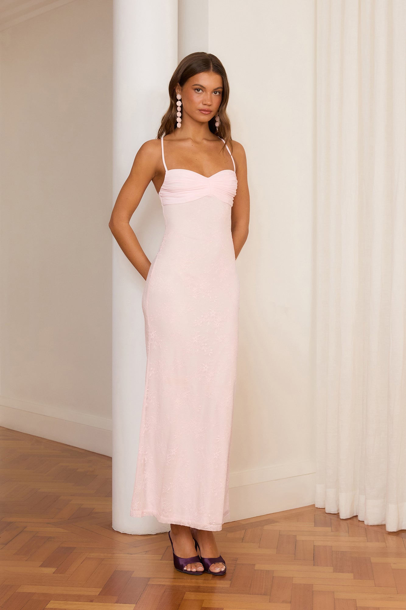 Counting The Seconds Lace Mesh Maxi Dress Pink