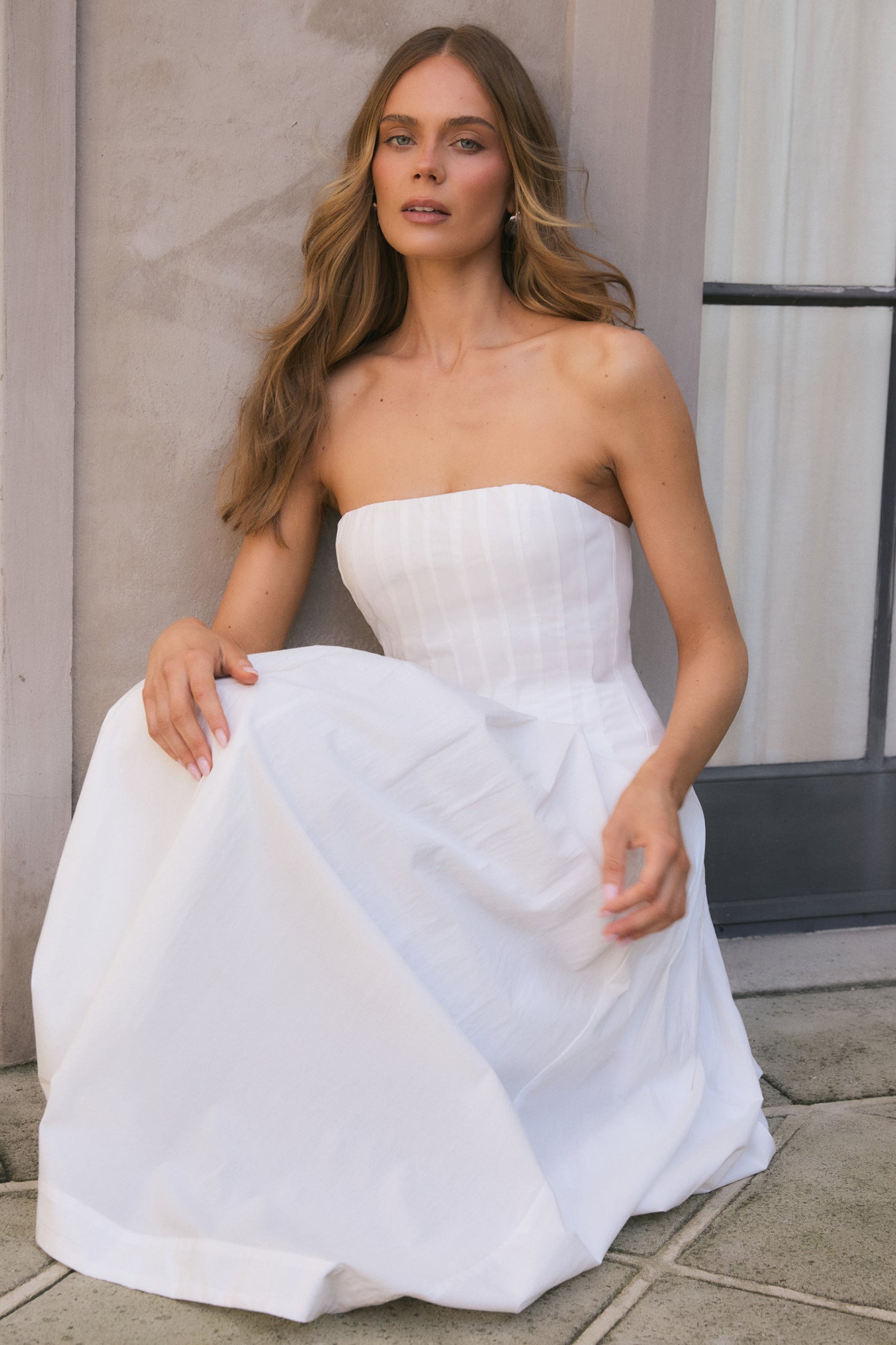 Sunshine Serenity Strapless Midi Dress White