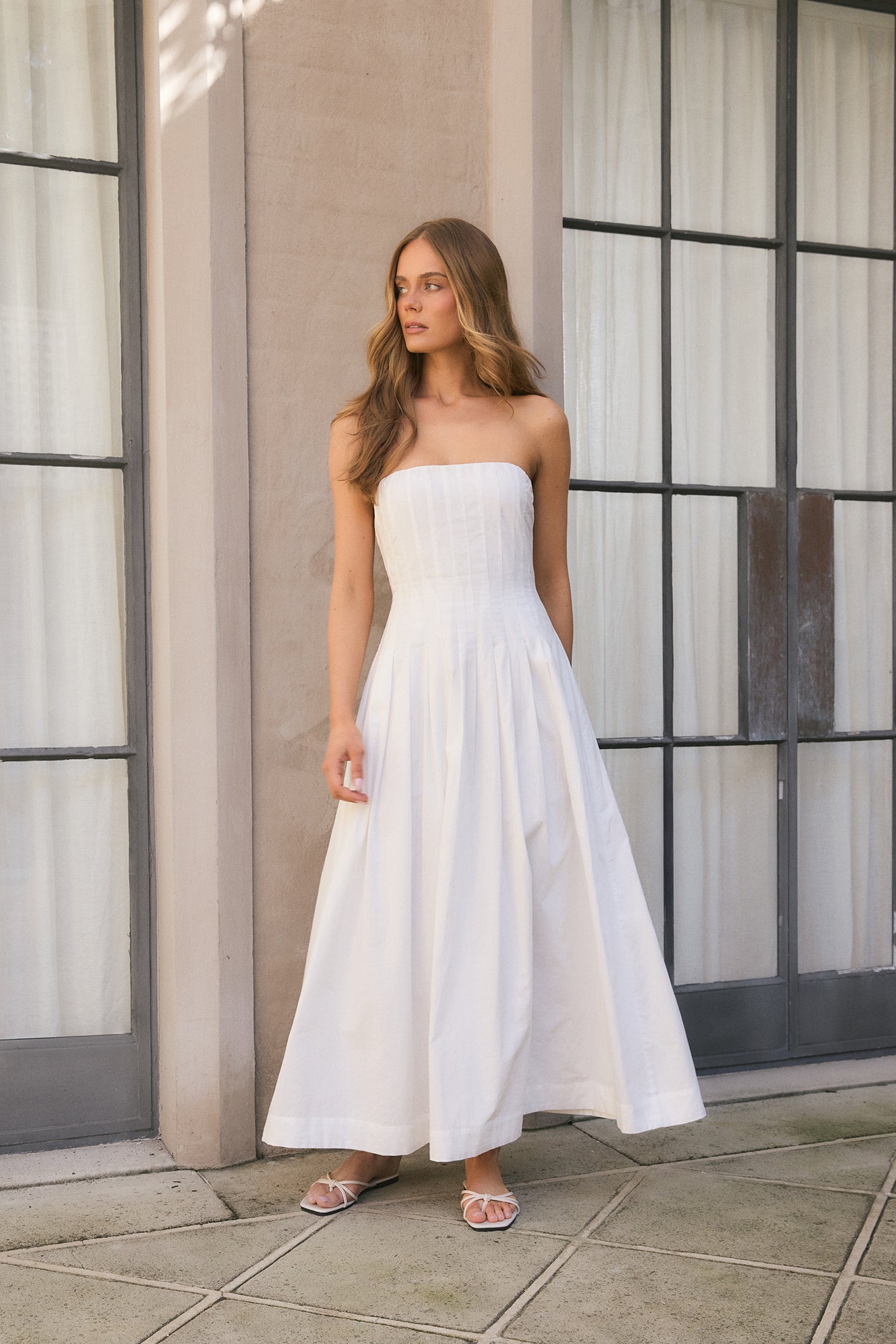 Sunshine Serenity Strapless Midi Dress White