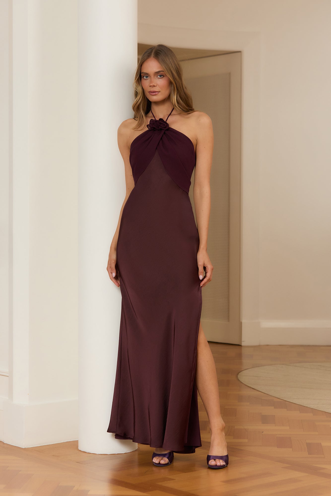Irresistibly Sleek Halter Satin Maxi Dress Brown