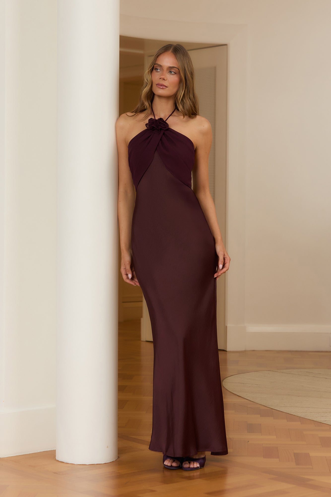 Irresistibly Sleek Halter Satin Maxi Dress Brown