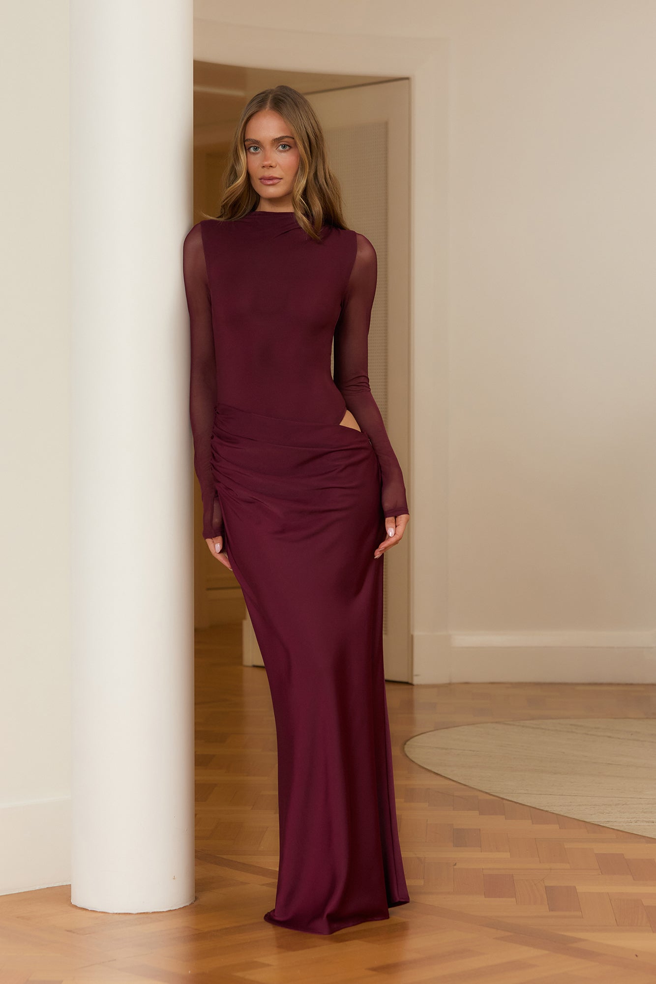 Unwritten Desire Mesh Long Sleeve Maxi Dress Wine