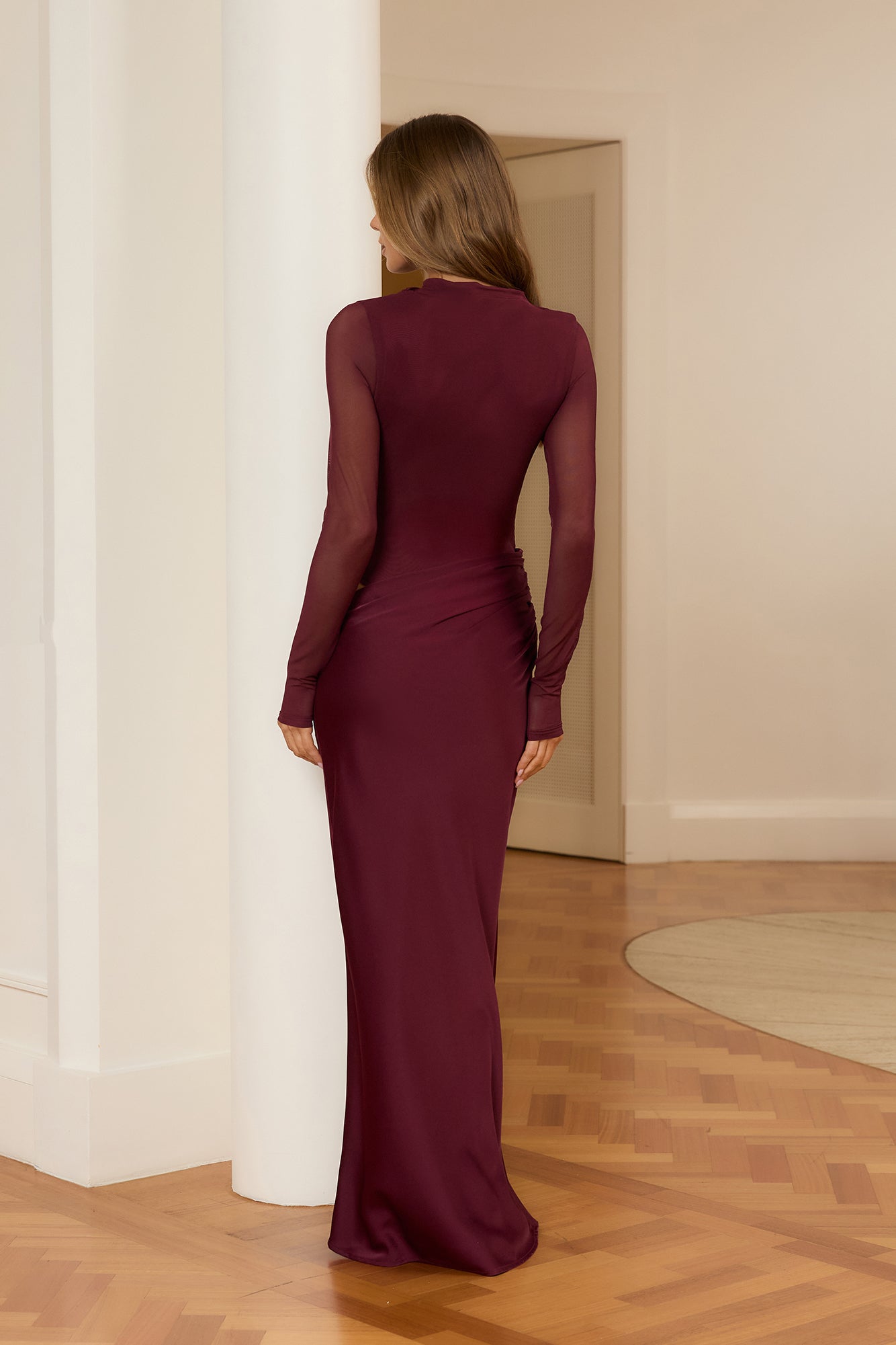 Unwritten Desire Mesh Long Sleeve Maxi Dress Wine