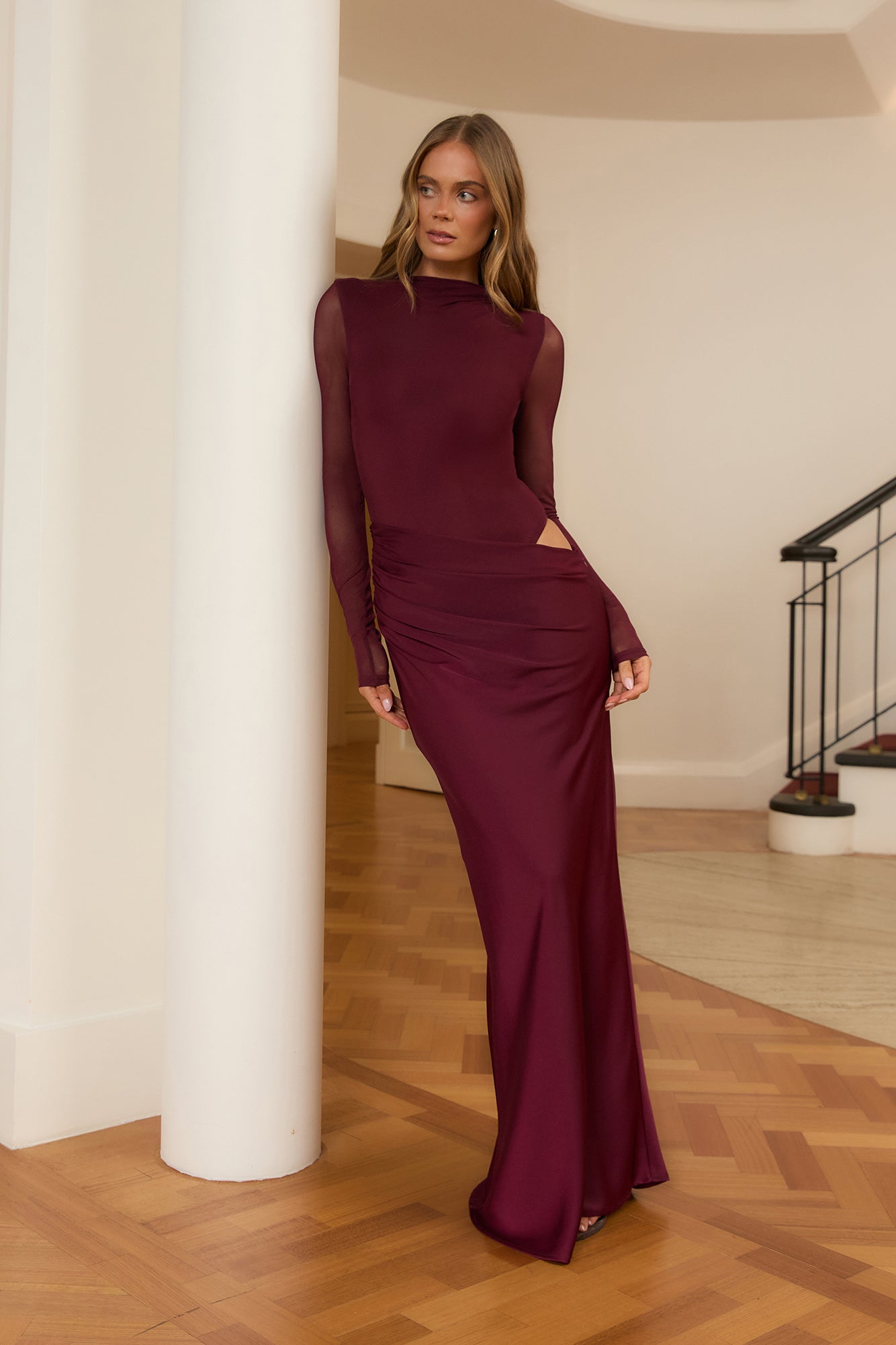 Unwritten Desire Mesh Long Sleeve Maxi Dress Wine