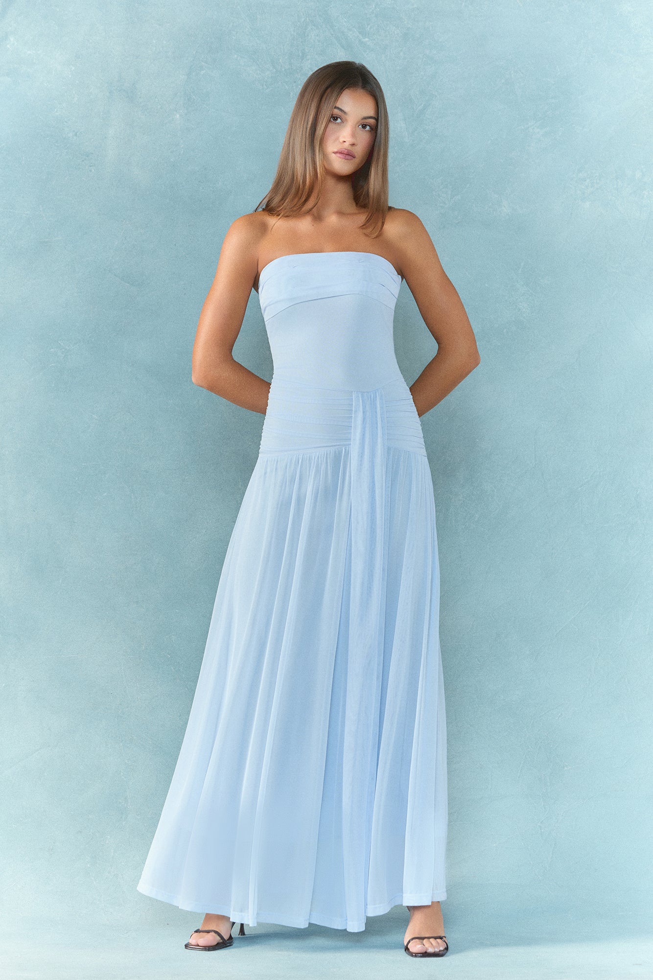 Desert Sands Strapless Mesh Maxi Dress Blue