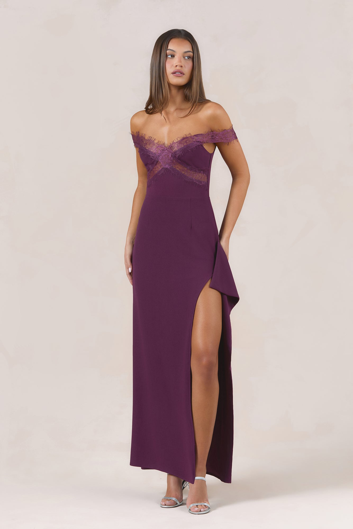 Ethereal Lace Off Shoulder Maxi Dress Plum