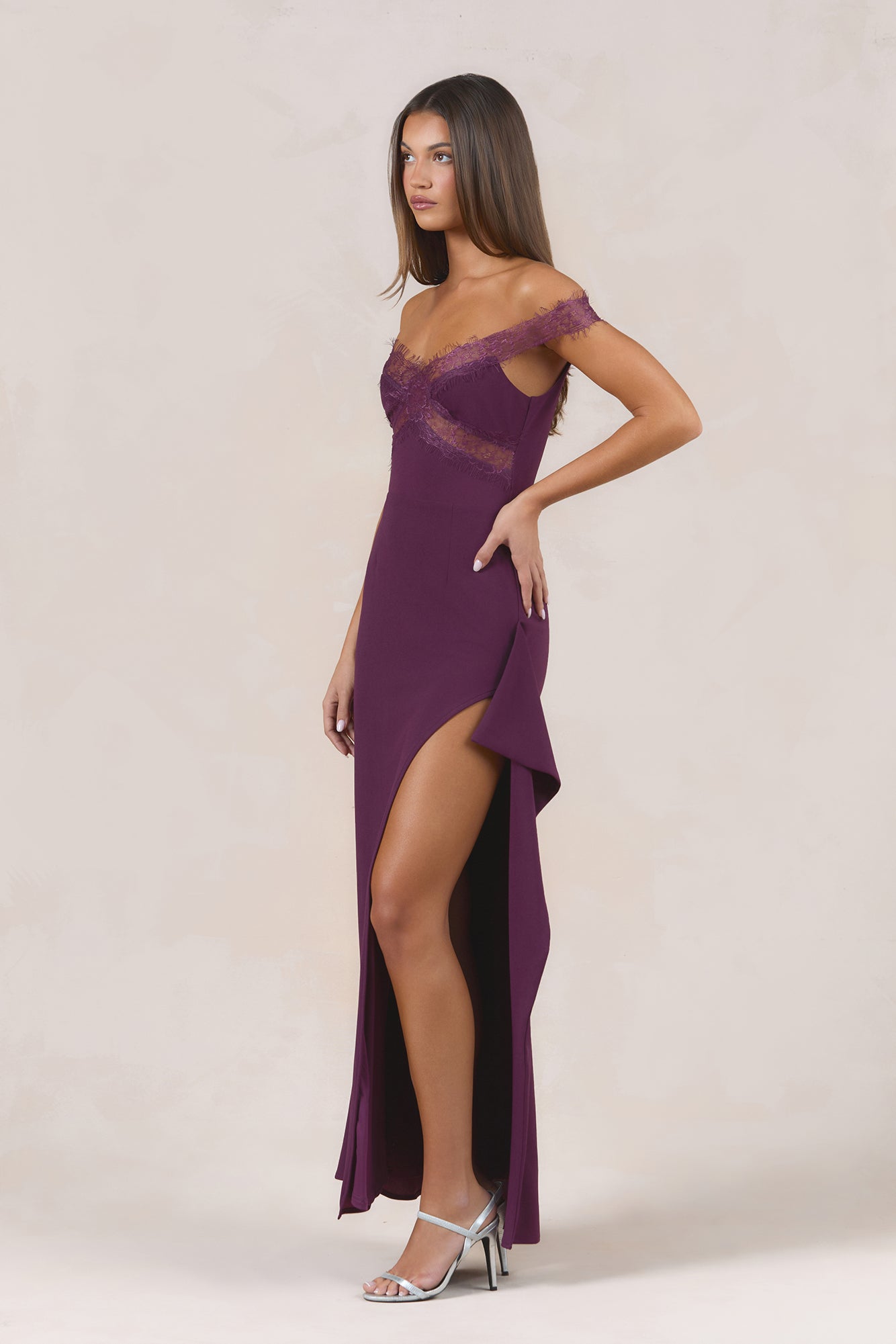Ethereal Lace Off Shoulder Maxi Dress Plum