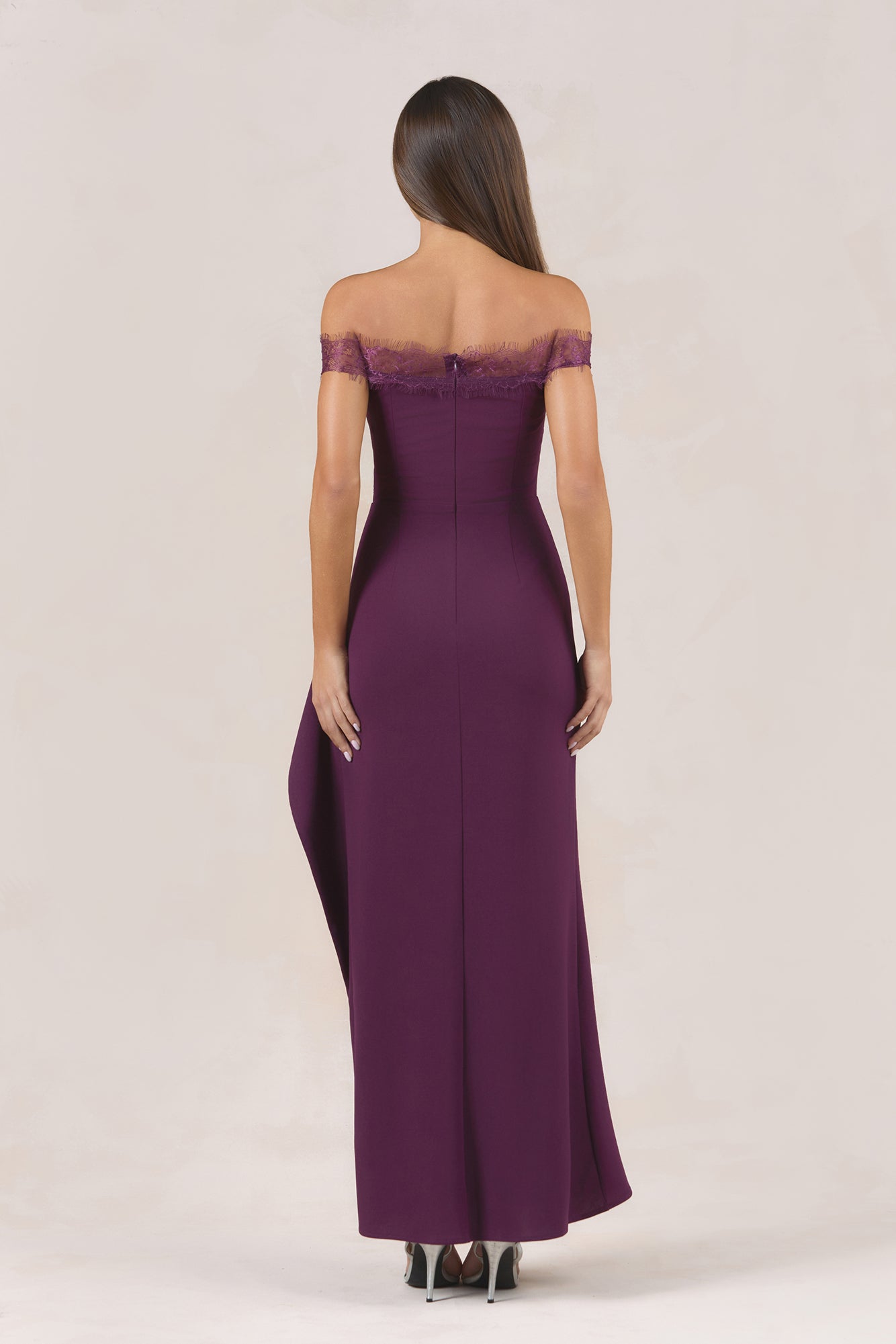 Ethereal Lace Off Shoulder Maxi Dress Plum