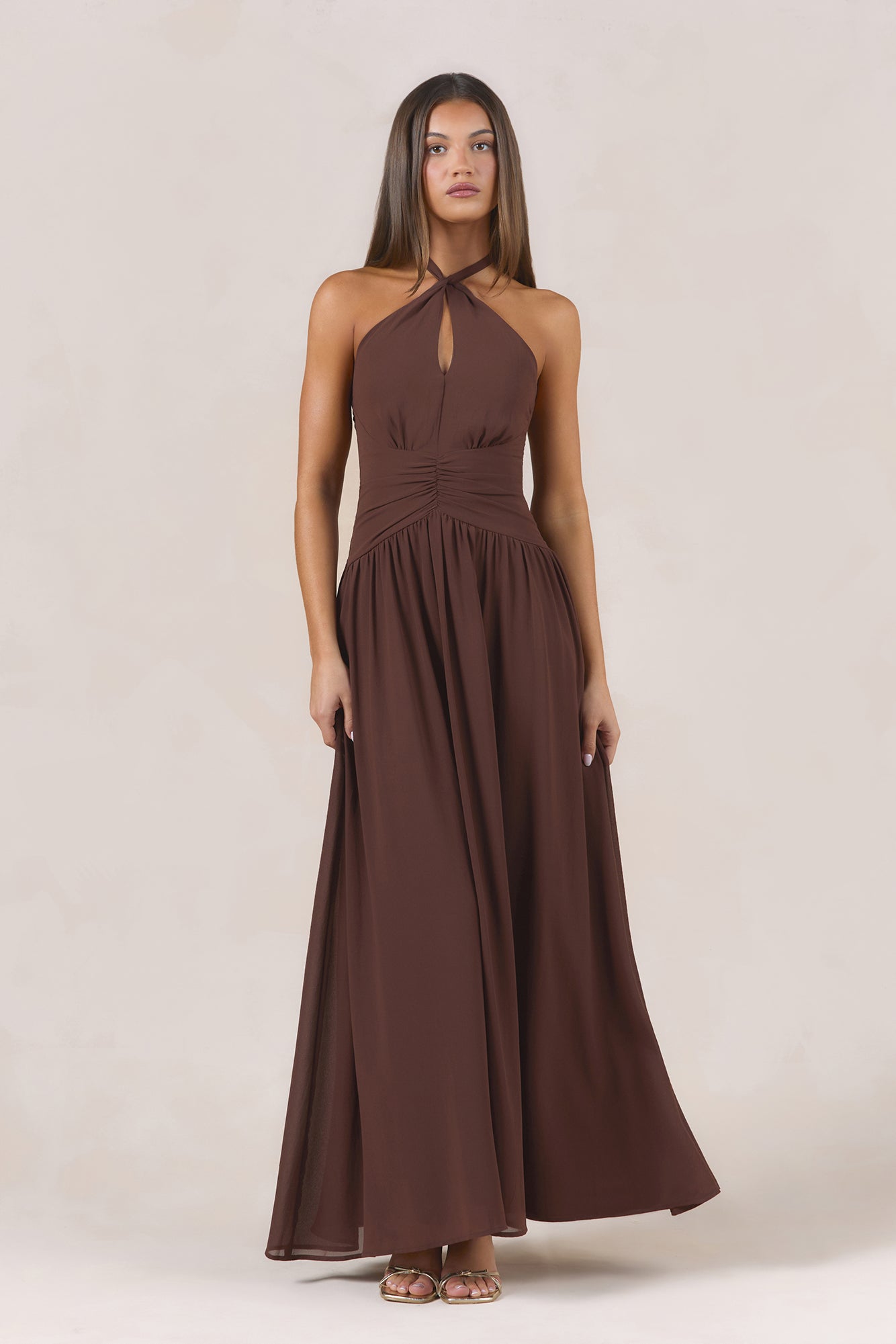 Velvet Earth Halter Maxi Dress Chocolate