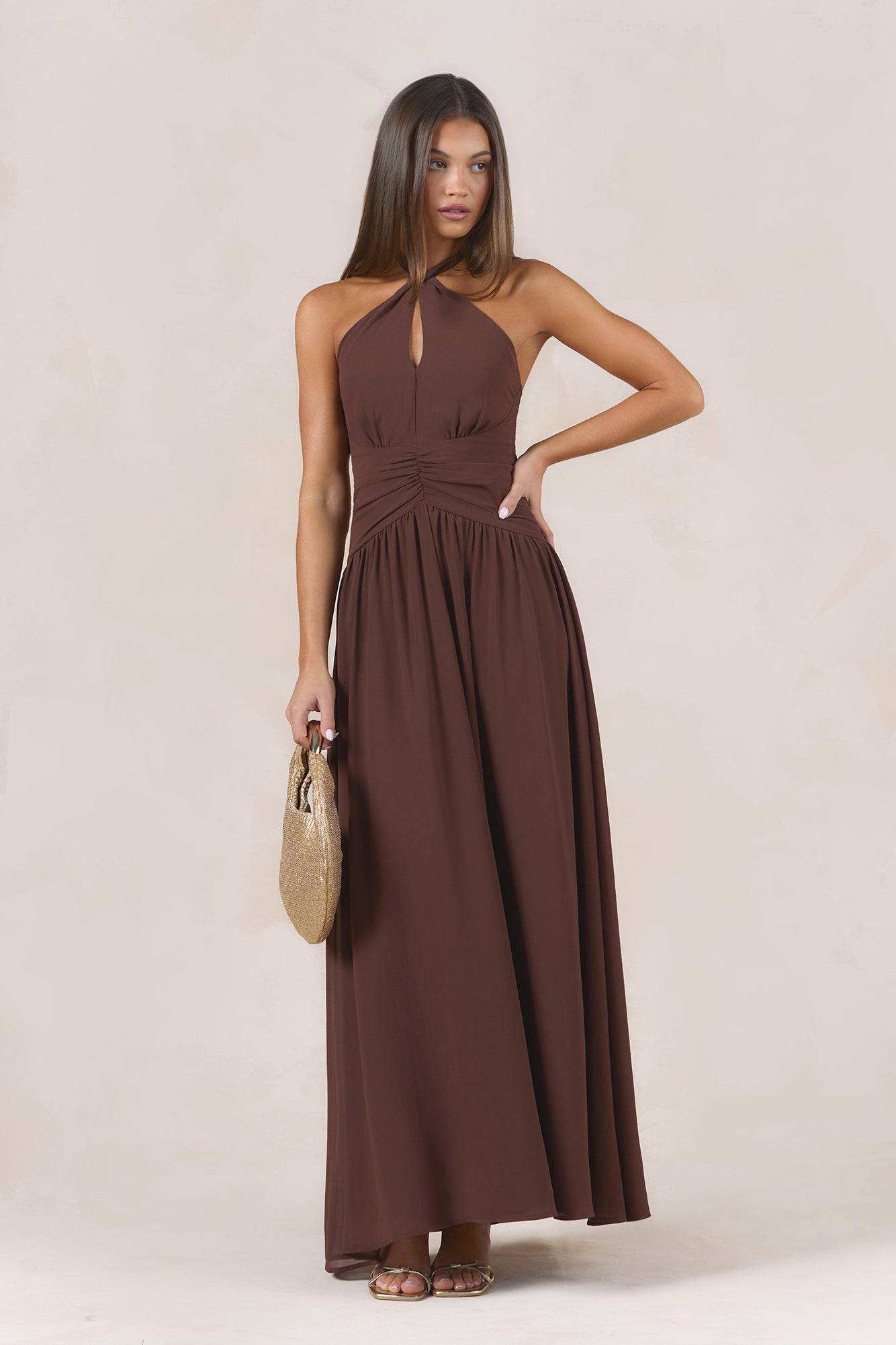 Velvet Earth Halter Maxi Dress Chocolate