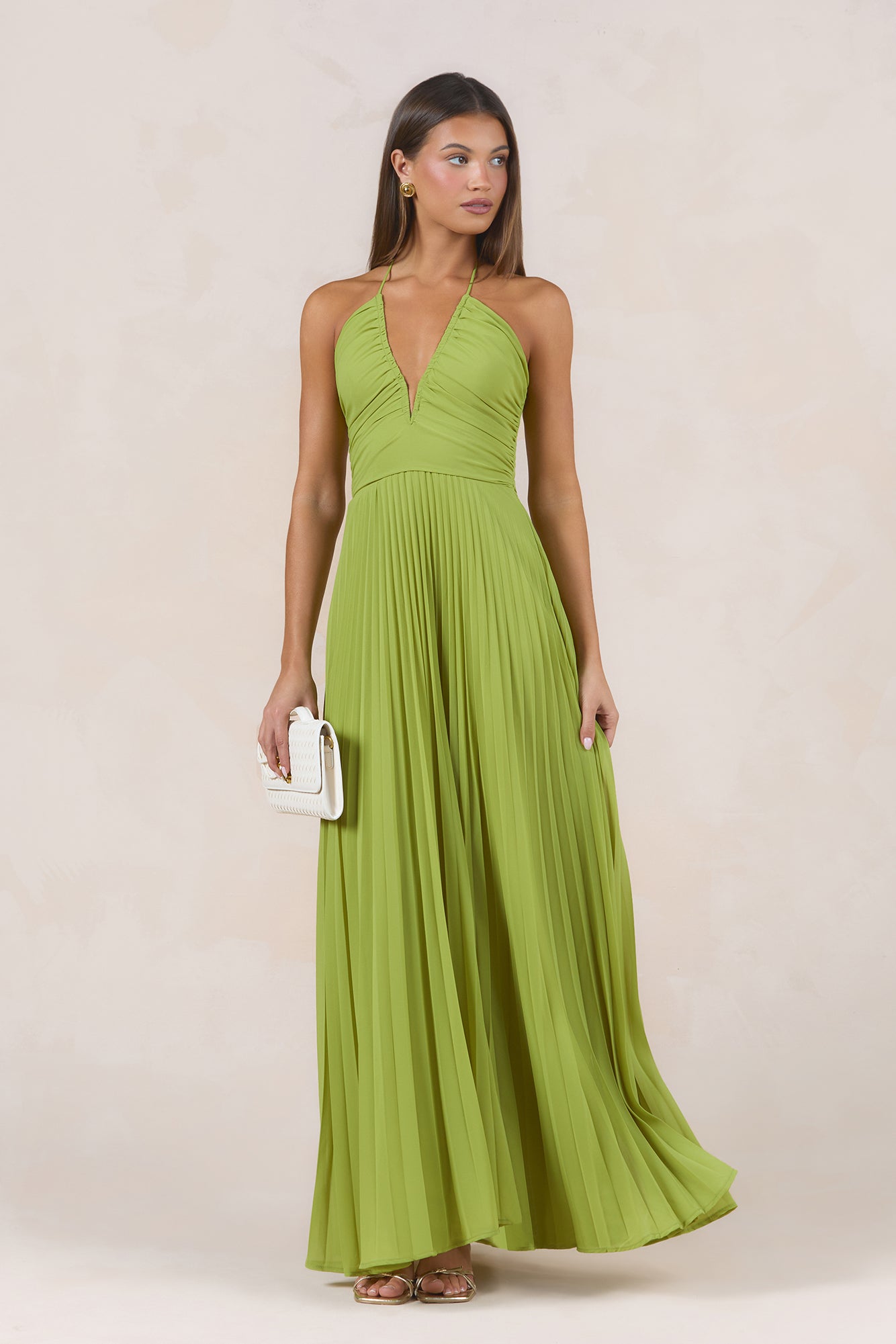 Odessa Plisse Halter Maxi Dress Olive