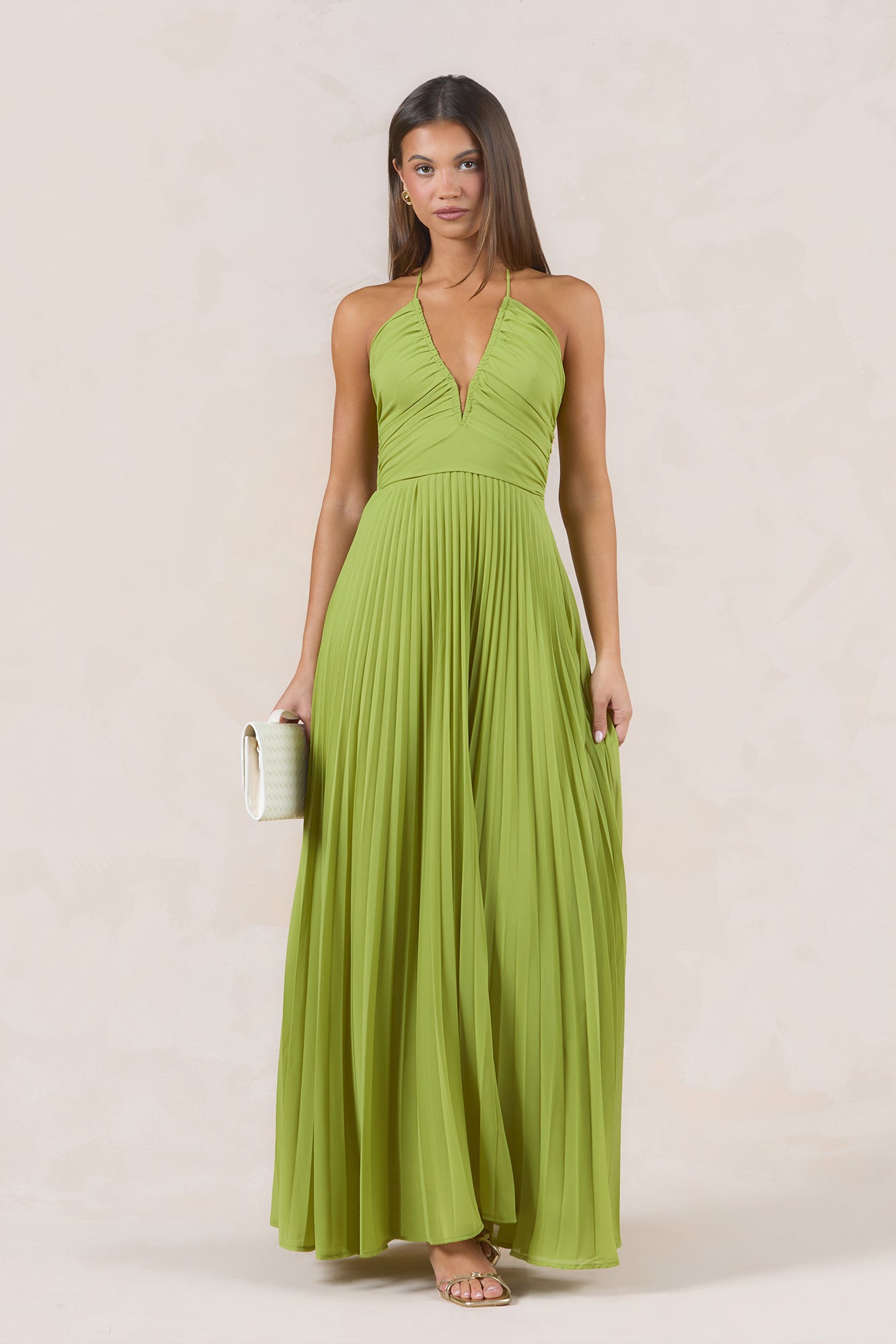 Odessa Plisse Halter Maxi Dress Olive