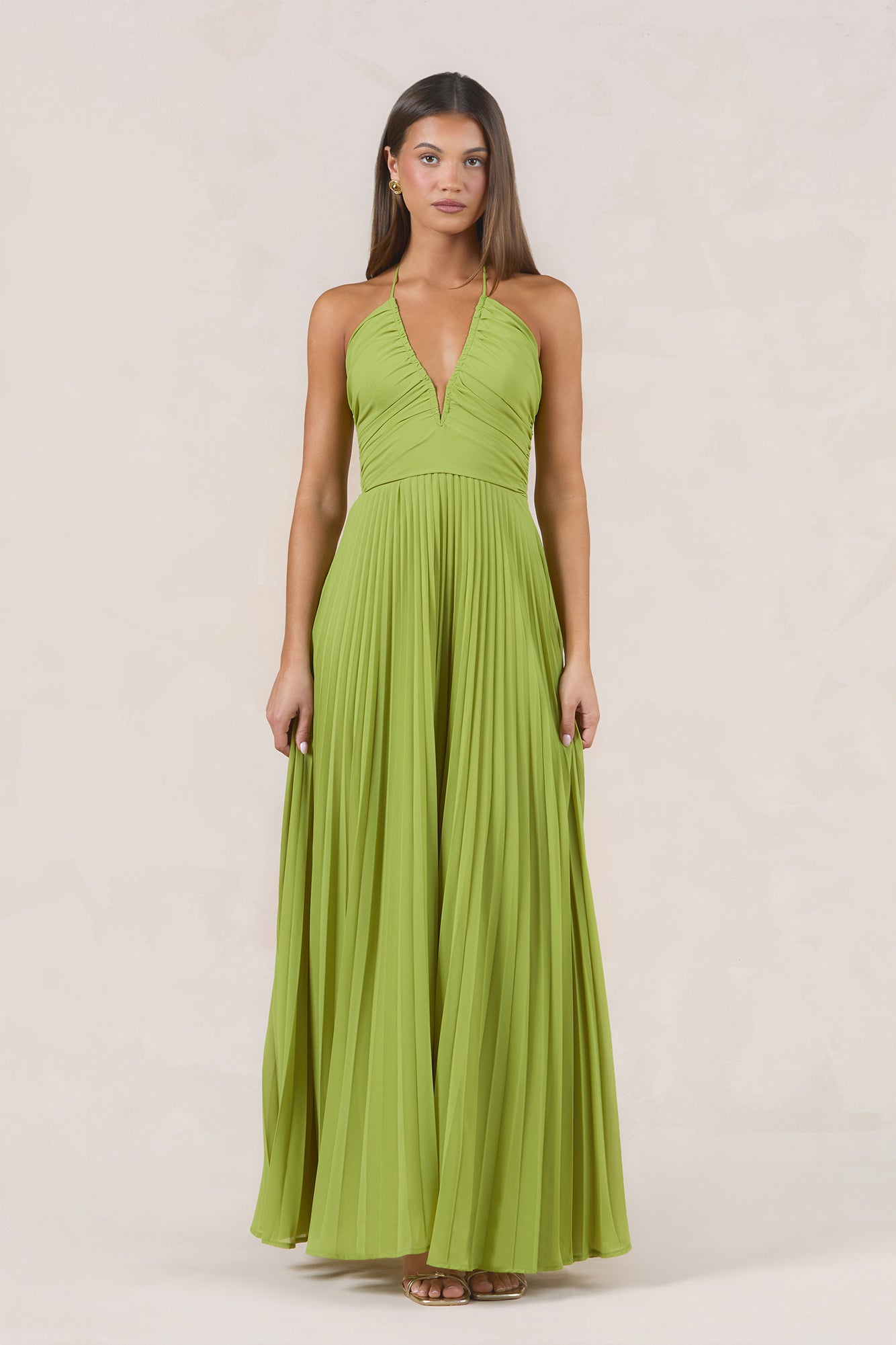 Odessa Plisse Halter Maxi Dress Olive