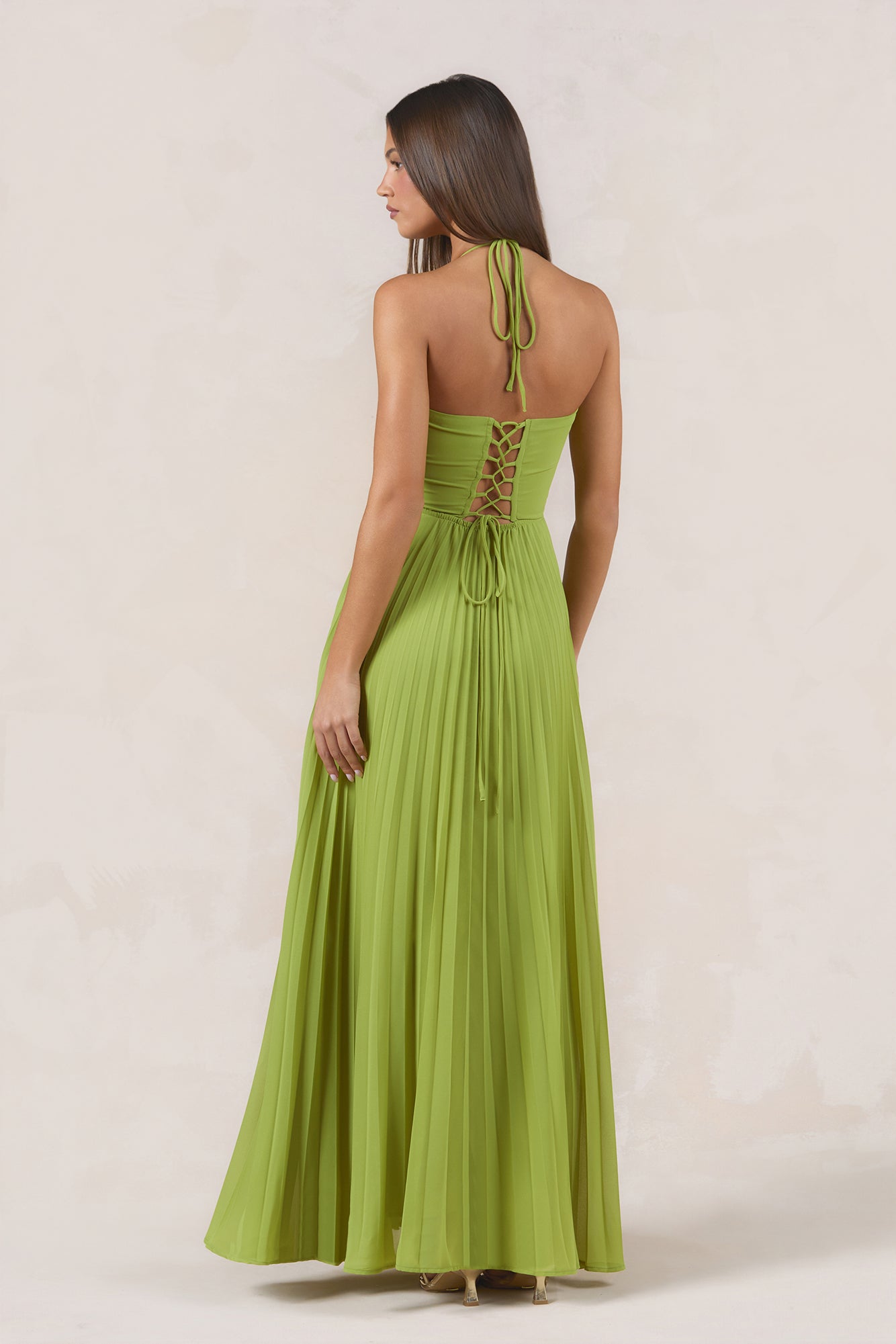 Odessa Plisse Halter Maxi Dress Olive