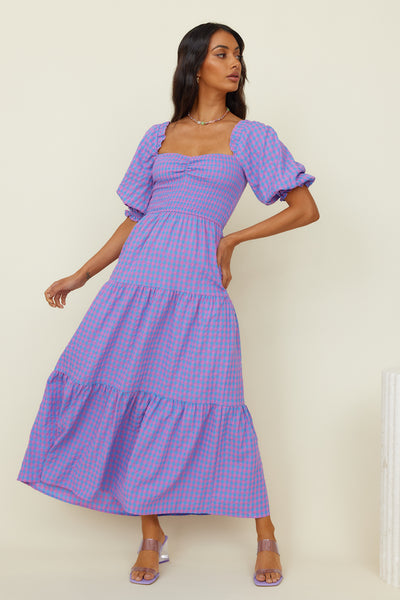 CHARLIE HOLIDAY Elena Midi Dress Pink Blue Gingham