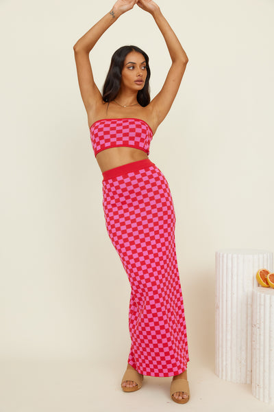 CHARLIE HOLIDAY Valery Maxi Skirt Pink Red Check