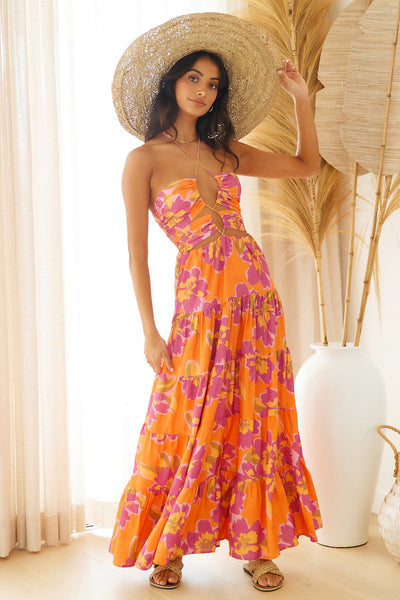 RUNAWAY THE LABEL Orchid Maxi Dress Orange Floral
