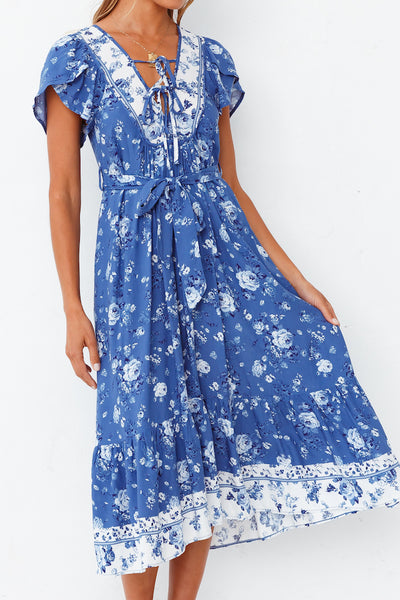 Wind Flower Midi Dress Blue